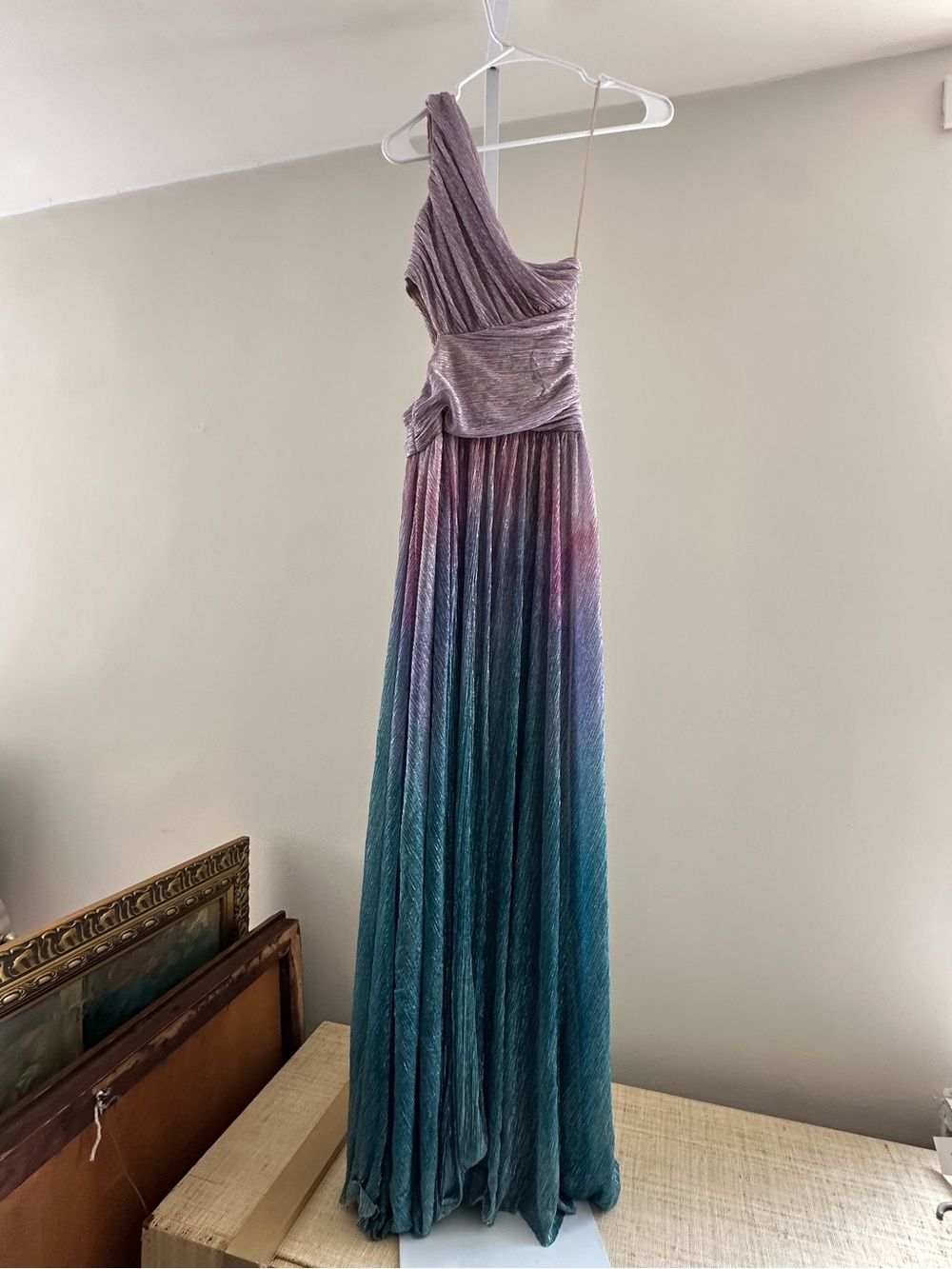 PatBO One-Shoulder Ombre Metallic Evening Gown in Lavender to Teal